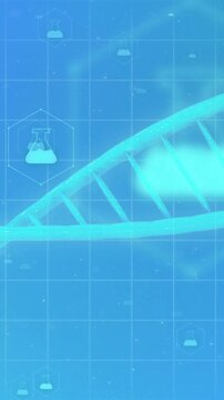 Animation of 3d micro of dna strand and chemistry icons on blue background