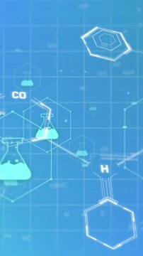 Animation of chemistry icons and data processing on blue background