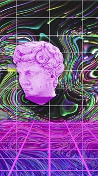Classical sculpture heads, interference, leaves and grid over multicoloured liquid swirl