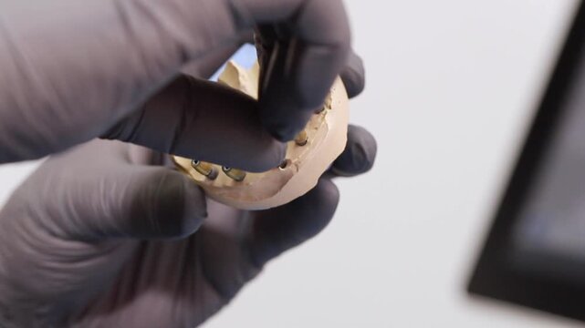 Doctor handling and inspecting a dental implant on a jaw model, demonstrating implant placement, positioning, and preparation for tooth restoration in a dental laboratory.