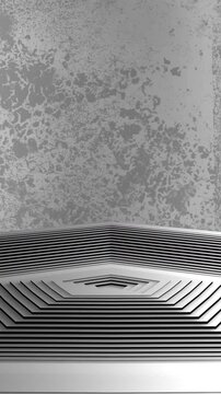 Animation of grey stepped hexagonal pyramid podium rising and falling on blurred background