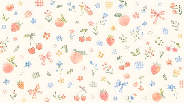 Cute watercolor pattern with strawberries, peaches, cherries, flowers, and ribbons