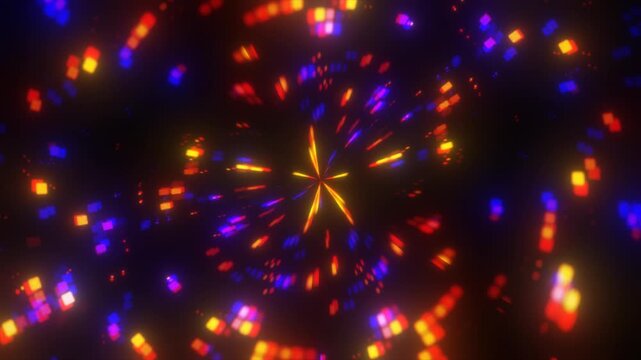 Vibrant digital explosion of glowing square particles. Retro wave energetic aesthetic ideal for gaming streams, vj loops, music videos and dynamic abstract backdrops.
