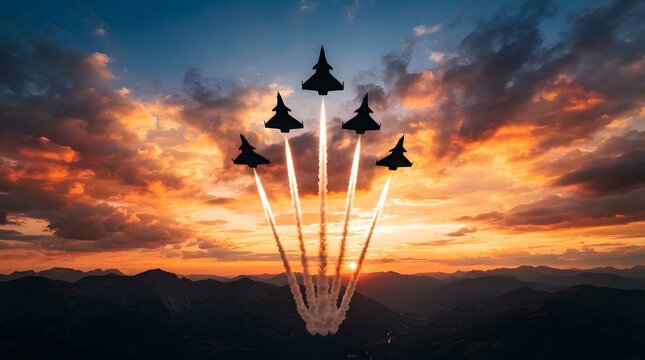 Four fighter jets perform a dramatic aerial maneuver against a vibrant sunset sky