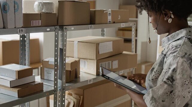 African American young adult woman scanning barcodes on boxes using tablet in warehouse. Footage represents e-commerce logistics, order fulfillment, and small business inventory management