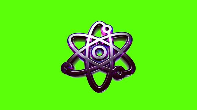 Shiny 3d atom symbol icon with metallic texture and purple light reflections floating on green background