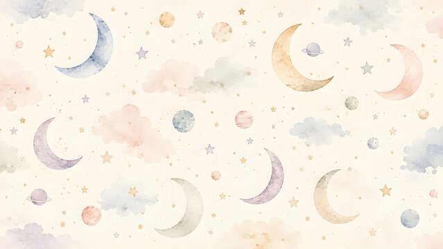 Watercolor celestial pattern with crescent moons, stars, planets, and soft clouds in pastel colors