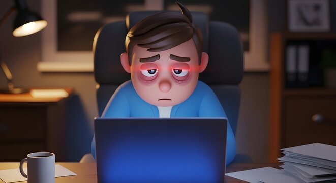 Remote Worker Suffering from Eye Fatigue and Digital Eye Strain During Long Hours at a Computer