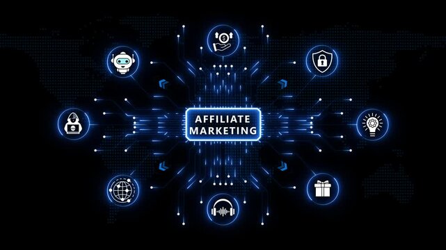 Affiliate Marketing concept surrounded by glowing digital tech icons and radial blue rays over an abstract dark world map background scene layout.