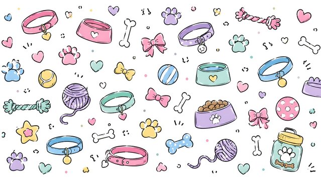 Cute pets accessories doodles seamless pattern background dog cat toys cute elements