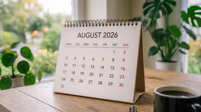 A desk calendar showing August 2026 sits on a wooden table. A coffee mug and pen are nearby. The background features green plants and a window.