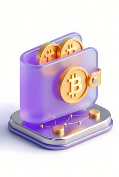 3D isometric glassmorphism crypto wallet icon with glowing gold bitcoin coins on metallic base
