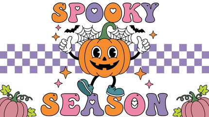 Fototapeta premium Retro Groovy Halloween Pumpkin Character with Spooky Season Text