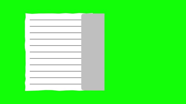Animated Blank Lined Paper Sheet with Torn Edge and Grey Folder on Chroma Key Green Screen for Overlay and Post Production