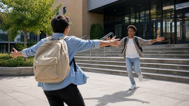 Teenage boys greeting each other on the first day back at school
