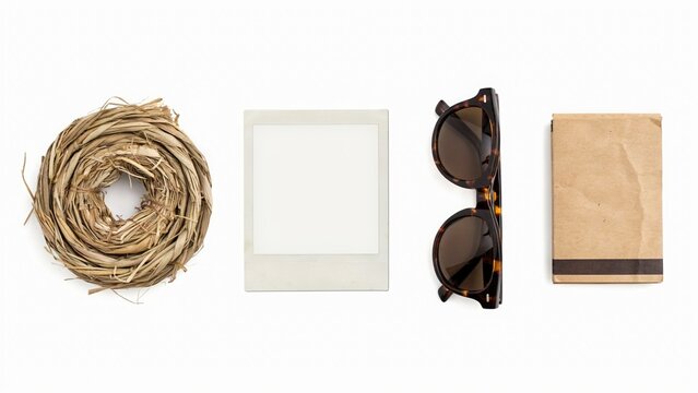 Summer flat lay featuring dried woven nest instant photo frame sunglasses and book sunglasses vacation lifestyle