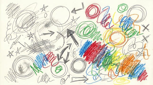 Assortedof hand drawn chaotic pencil markings and random crayon scribbles including circles and directional signs for creative childhood art projects doodle scribble sketch draw hand pencil