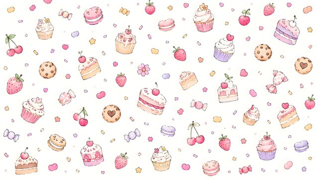 Cute hand drawn watercolor sweets pattern with cupcakes, cakes, strawberries, candy and cookies isolated on white background