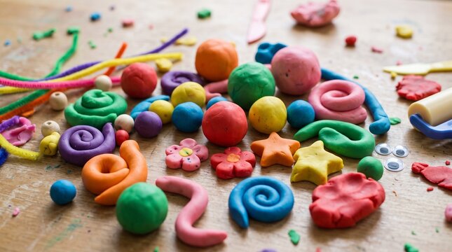 Colorful clay texture, soft modeling clay shapes, rounded forms, playful tactile material, kids craft aesthetic