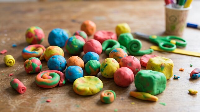 Colorful clay texture, soft modeling clay shapes, rounded forms, playful tactile material, kids craft aesthetic