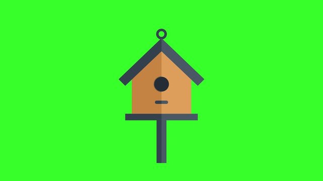 Flat Design Birdhouse Icon on Green Screen for Garden and Nature Wildlife Animation Projects Wooden Nesting Box Graphic.