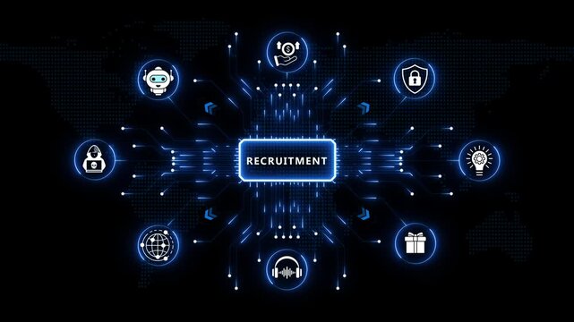 Recruitment process visual frame with connected radial glowing tech icons and neon blue light beams across an abstract dark world map backdrop.