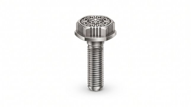 Metal bolt with a decorative engraved hexagonal head and threaded shaft isolated on white background