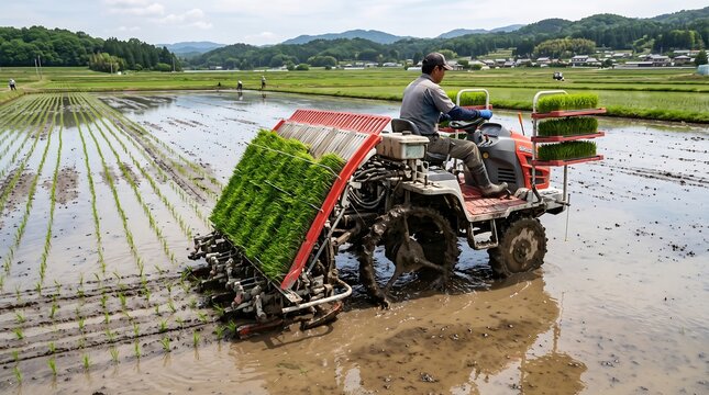 Farmer operating rice transplanter machine in flooded paddy field
