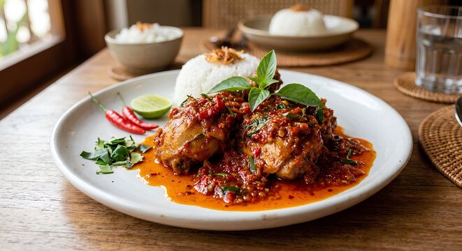 Indonesian ayam rica-rica with spicy chili sauce, chicken and steamed rice