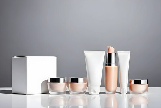 Skincare and beauty product display, cosmetic packaging for branding and marketing, luxury cream and lotion bottles on gray background