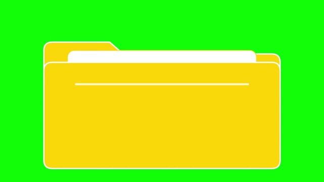 Animated Yellow File Folder with White Document Paper Inside Isolated on Chroma Key Green Screen Background 4K