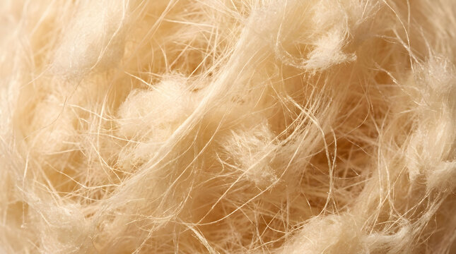 Macro texture of soft cotton candy | Close up of raw natural wool fibers | Fluffy beige silk material background | Abstract soft textile fiber detail