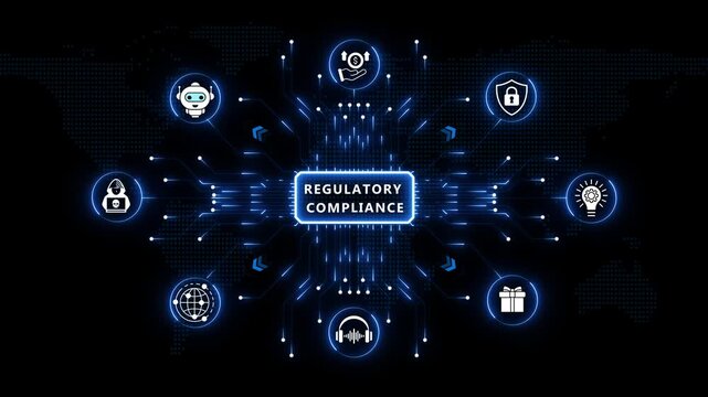 Regulatory Compliance structure displaying glowing radial digital icons and circuit light rays over a dark space world map backdrop frame.