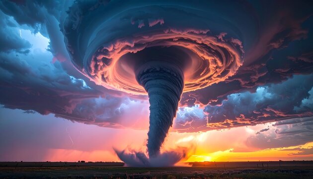 Massive Tornado Emerging from Supercell Cloud at Sunset