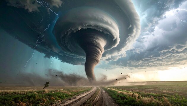 Massive Tornado Funnel with Debris and Lightning Over Rural Dirt Road