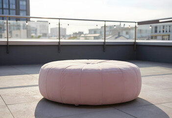 Fototapeta premium Rooftop lounge area with pink ottoman, urban outdoor living and relaxation space, modern city view background