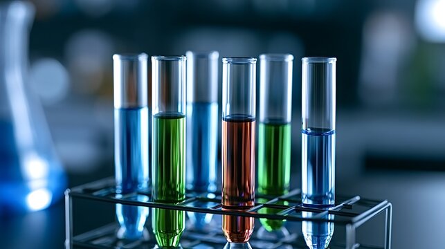 Several test tubes containing different colored liquids are organized in a metal rack, illustrating scientific research, biotechnology, and chemical analysis in a laboratory setting