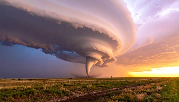 Powerful Tornado Funnel and Supercell Storm at Sunset over Rural Plains