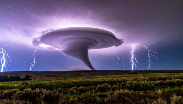 Powerful tornado with lightning strikes over rural plains during supercell storm