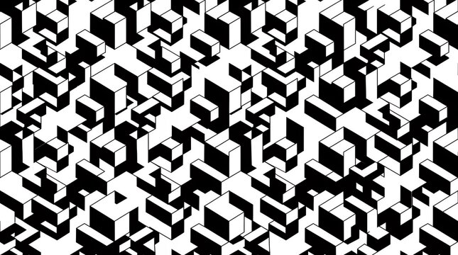 High contrast geometric repeat design showcasing black and white three dimensional block structures in a mind bending perspective pattern cube isometric illusion optical checkerboard seamless black