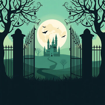 Spooky castle gate at night with full moon and dark trees