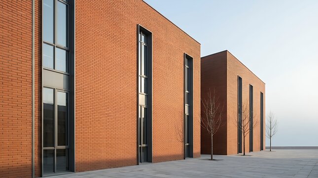 Minimalist Urban Architecture Exterior Presenting A Classic Terracotta Brick Wall Fitted With Elongated Panelled Windows Against A Plain Bright Horizon brick industrial building facade windows wall