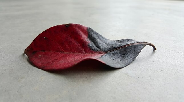 Striking Two Tone Crimson And Deep Charcoal Fallen Foliage Element Lying On A Solid Clean Ground Surface autumn leaf red black single isolated background backdrop plain minimalist simple fall season
