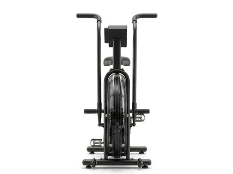 black upright stationary exercise bike cardio fitness machine isolated on transparent background