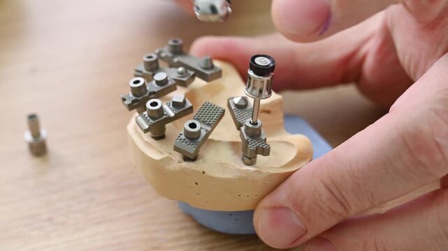 Top view Close-up of a doctor&rsquo;s hands tightening a dental implant component with a surgical instrument, dental procedure, jaw model and implant placement.