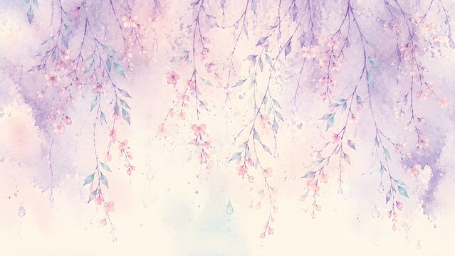 Watercolor floral background with hanging spring cherry blossoms and weeping branches in soft pastel purple and pink tones