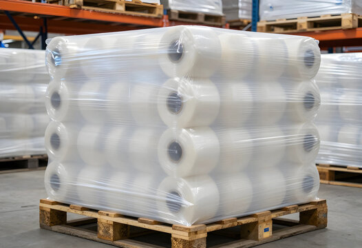 Warehouse logistics and supply chain management, pallet of stretch film rolls for packaging and shipping in industrial storage