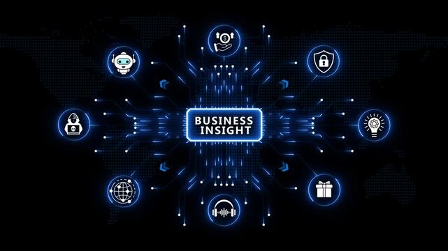 Business Insight visual theme surrounded by modern glowing radial tech symbols and blue light nodes over an abstract dark world map backdrop.