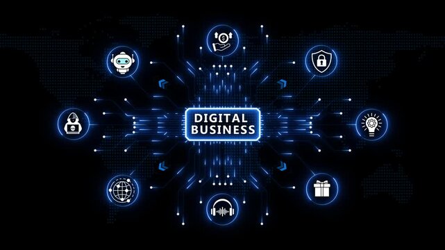 Digital Business strategy framework surrounded by glowing radial tech symbols and blue light network nodes over an abstract dark world map backdrop.