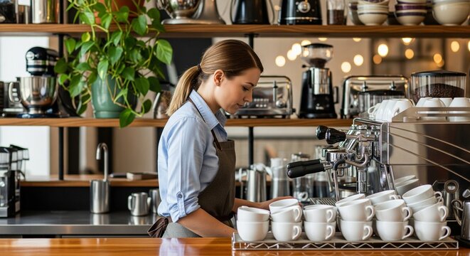Focused Barista Preparing Coffee with Espresso Machine and Stacked Cups in a Modern Cafe Setting